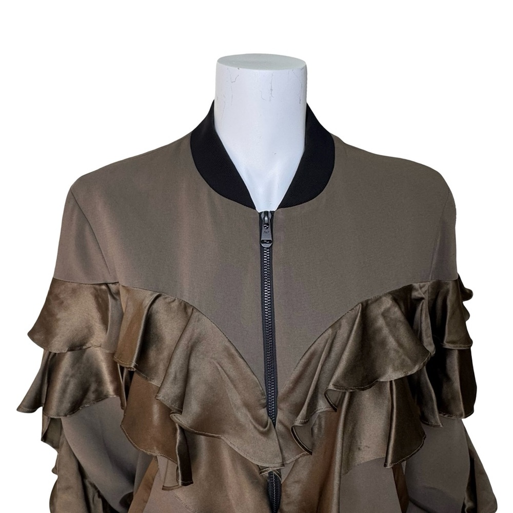 $525 CINQ A SEPT “Leía” Ruffle Bomber Jacket Sz S Olive Satin Trim - Picture 3 of 7